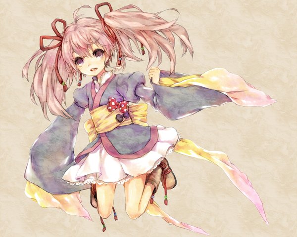 Anime picture 1280x1024 with original ameiro (artist) open mouth simple background purple eyes twintails pink hair full body ahoge long sleeves short twintails jumping lolita fashion brown background wa lolita girl bow ribbon (ribbons) short kimono