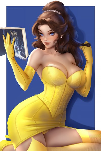 Anime picture 4000x6000 with beauty and the beast disney belle (beauty and the beast) ayyasap single long hair tall image looking at viewer blush fringe highres breasts blue eyes light erotic simple background brown hair large breasts sitting holding signed