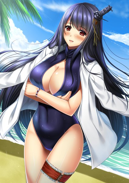 Anime picture 867x1227 with kantai collection fusou battleship shibata rai single long hair tall image blush breasts open mouth light erotic red eyes large breasts blue hair cleavage girl swimsuit hat