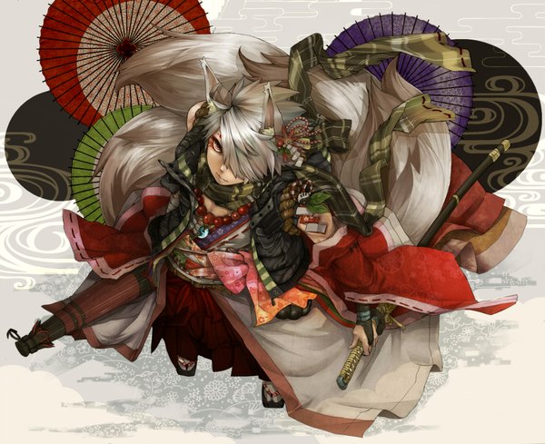 Anime picture 1837x1500 with original youtsuu no hito (artist) single looking at viewer fringe highres short hair red eyes standing holding animal ears tail traditional clothes japanese clothes from above grey hair hair over one eye off shoulder fox ears fox tail