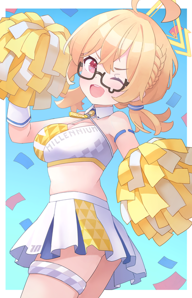Anime picture 1000x1549 with blue archive kotori (blue archive) kotori (cheerleader) (blue archive) nomio single tall image looking at viewer fringe short hair open mouth light erotic blonde hair hair between eyes red eyes twintails ahoge pleated skirt midriff low twintails border