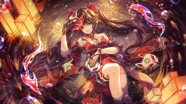 Anime picture 3000x1679 with honkai: star rail honkai (series) sparkle (honkai: star rail) jwijaya art single long hair looking at viewer fringe highres black hair wide image twintails blunt bangs pink eyes from above partially submerged facial mark fireworks girl detached sleeves