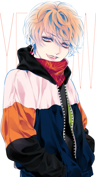 Anime picture 707x1300 with original asarai single tall image looking at viewer fringe short hair open mouth simple background hair between eyes white background upper body pink eyes orange hair open jacket hands in pockets boy jacket scarf