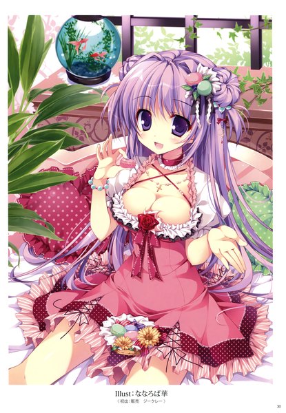 Anime picture 2422x3500 with original k-books (artbook) nanaroba hana single long hair tall image blush highres open mouth purple eyes cleavage purple hair scan official art girl dress hair ornament animal fish (fishes) cookie (cookies)