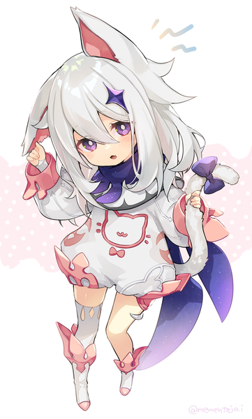 Anime picture 1436x2384 with genshin impact paimon (genshin impact) memeno single long hair tall image looking at viewer blush fringe open mouth simple background hair between eyes white background purple eyes signed animal ears silver hair full body tail long sleeves