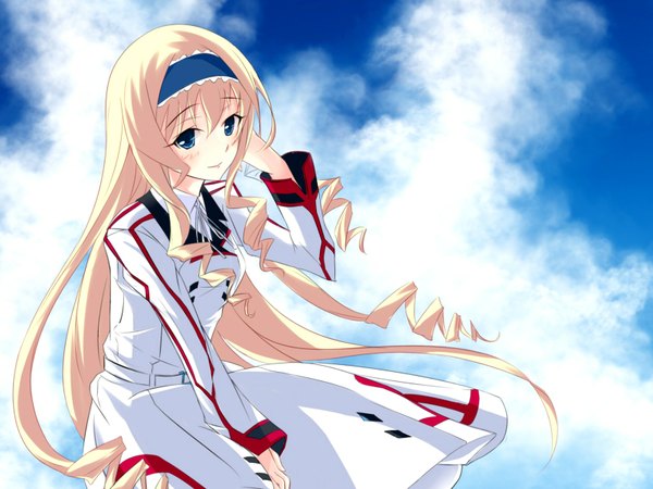 Anime picture 1600x1200 with infinite stratos 8bit cecilia orcott single long hair blush blue eyes blonde hair smile girl uniform school uniform hairband