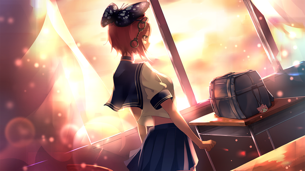 Anime picture 1280x720 with vocaloid bacterial contamination (vocaloid) tagme (character) c.c.r single short hair breasts red eyes wide image standing red hair pleated skirt short sleeves classroom girl skirt uniform bow hair bow choker