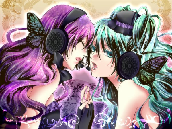 Anime picture 1024x768 with vocaloid magnet (vocaloid) hatsune miku megurine luka long hair looking at viewer open mouth bare shoulders multiple girls green eyes purple hair eyes closed green hair holding hands insect wings butterfly wings girl gloves 2 girls hat