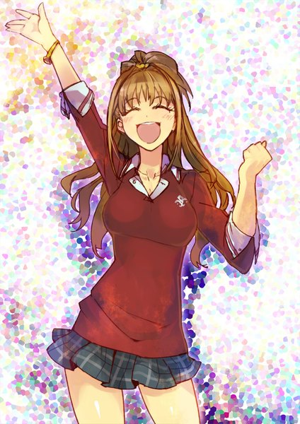 Anime picture 1500x2121 with idolmaster idolmaster cinderella girls hino akane (idolmaster) kusanagi kaoru single long hair tall image blush open mouth smile brown hair standing ponytail eyes closed happy open collar laughing girl skirt uniform