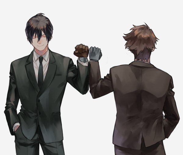 Anime picture 4256x3625 with psycho-pass production i.g nobuchika ginoza tomomi masaoka yokuni (yokunill001121) highres short hair black hair simple background brown hair white background absurdres eyes closed from behind multiple boys hand in pocket formal mechanical arms boy gloves