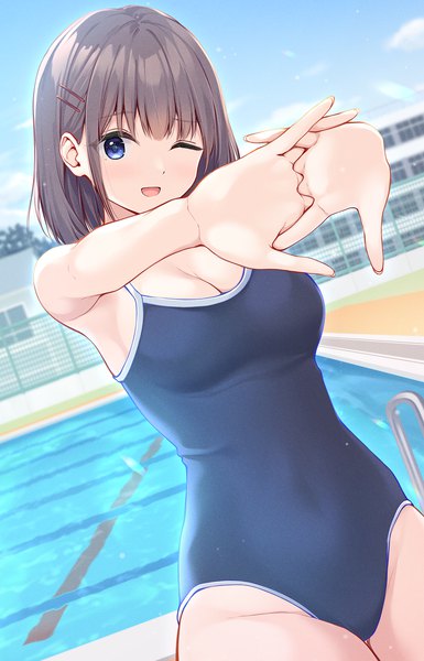 Anime picture 1154x1800 with original pasdar single tall image fringe short hair breasts open mouth blue eyes light erotic smile brown hair standing sky cloud (clouds) outdoors head tilt one eye closed fingernails arms up