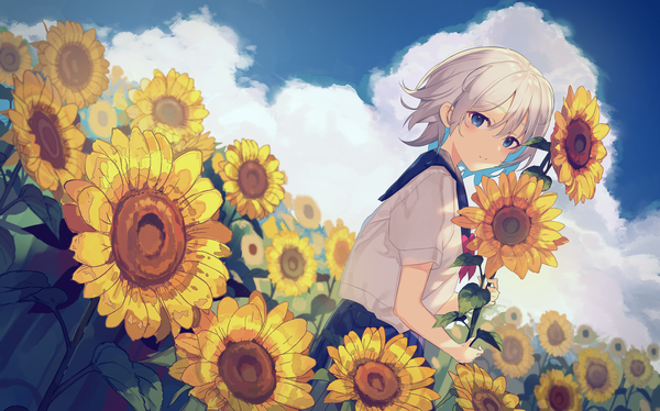 Anime picture 4437x2768 with original leisss single looking at viewer blush fringe highres short hair blue eyes hair between eyes wide image standing holding absurdres sky silver hair cloud (clouds) outdoors multicolored hair light smile
