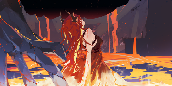 Anime-Bild 3600x1800 mit arknights surtr (arknights) zy single long hair highres breasts wide image standing bare shoulders red hair horn (horns) from behind lava girl dress black dress molten rock