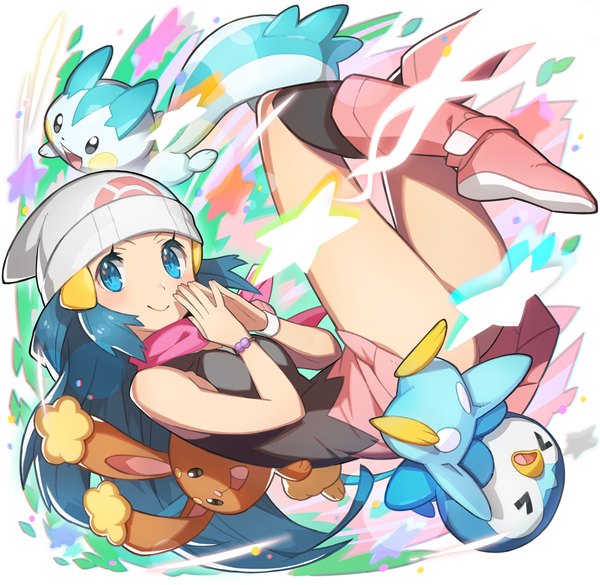 Anime picture 1025x1000 with pokemon nintendo dawn (pokemon) piplup pachirisu buneary saitou naoki single long hair blush blue eyes smile bare shoulders payot blue hair looking away bent knee (knees) convenient censoring fingers together > <