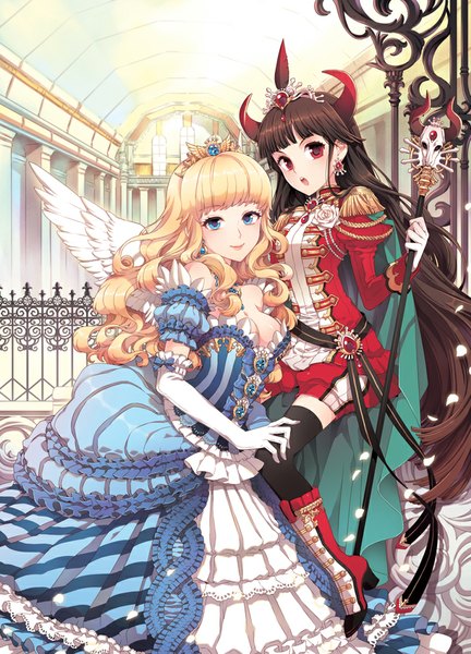 Anime picture 720x1000 with original nardack long hair tall image looking at viewer open mouth blue eyes black hair blonde hair red eyes bare shoulders multiple girls horn (horns) girl thighhighs dress gloves black thighhighs 2 girls wings