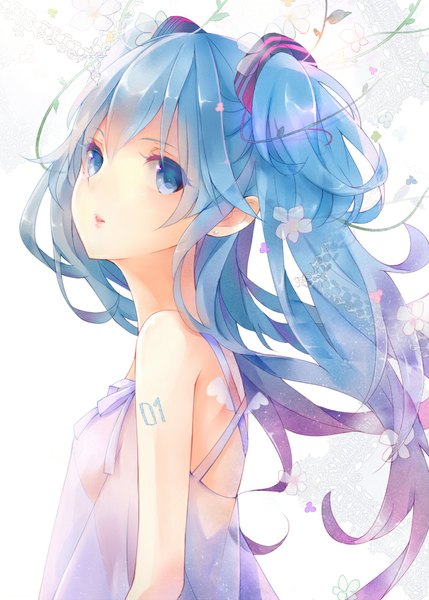 Anime picture 700x978 with vocaloid hatsune miku 041 single long hair tall image looking at viewer blue eyes light erotic twintails bare shoulders blue hair wind girl dress flower (flowers) sundress