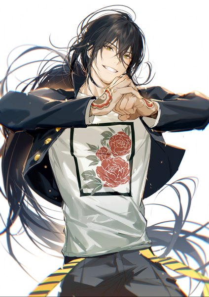Anime picture 2000x2829 with fate (series) fate/grand order yan qing (fate) rrr (reason) single tall image fringe highres black hair simple background smile hair between eyes white background yellow eyes looking away very long hair open jacket tattoo grin floral print