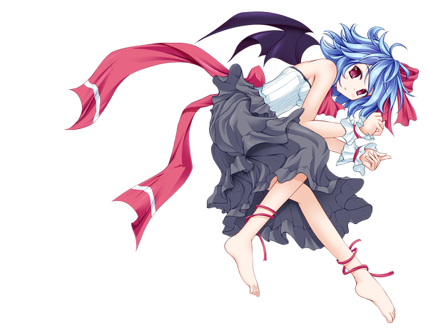Anime picture 4177x3209 with touhou remilia scarlet wata (akawata) single highres short hair red eyes blue hair absurdres barefoot transparent background girl dress ribbon (ribbons) wings wrist cuffs