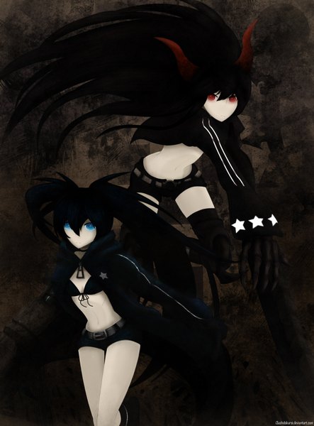 Anime picture 2550x3451 with black rock shooter black rock shooter (character) black gold saw long hair tall image looking at viewer highres blue eyes black hair red eyes twintails multiple girls horn (horns) inscription open clothes open jacket demon girl girl 2 girls shorts