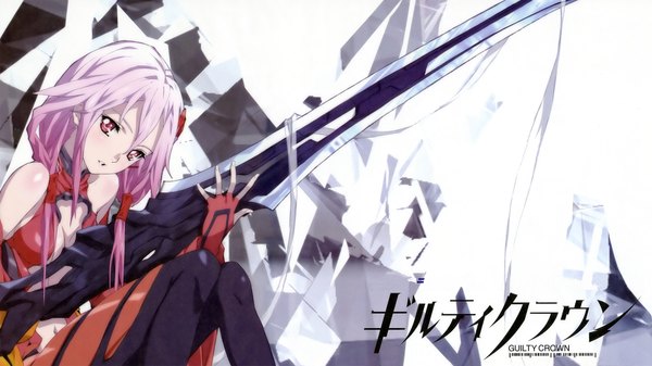 Anime picture 1920x1080 with guilty crown production i.g yuzuriha inori long hair looking at viewer highres wide image bare shoulders pink hair pink eyes inscription girl weapon sword bodysuit