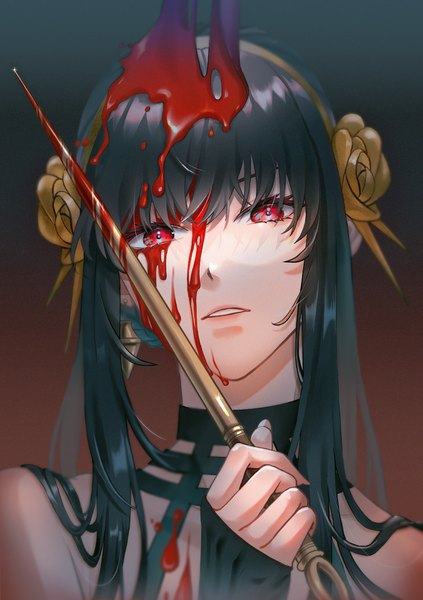 Anime picture 2000x2840 with spy x family yor briar blanfu single long hair tall image looking at viewer highres black hair simple background red eyes upper body parted lips gradient background portrait blood on face bloody weapon girl weapon blood