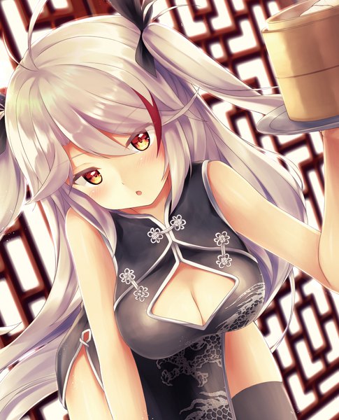 Anime picture 959x1185 with azur lane prinz eugen (azur lane) rupe paperu single long hair tall image looking at viewer blush fringe open mouth light erotic hair between eyes holding brown eyes cleavage silver hair ahoge traditional clothes head tilt multicolored hair