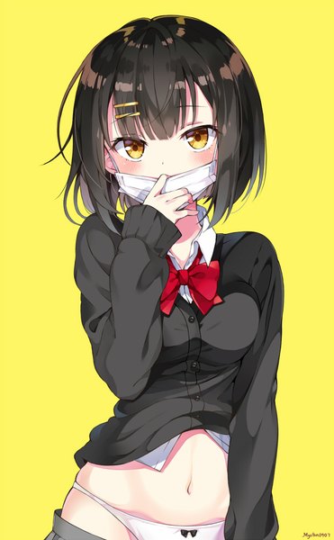 Anime picture 618x1000 with original myuton single tall image looking at viewer blush short hair light erotic black hair simple background standing signed yellow eyes upper body undressing yellow background bob cut girl skirt navel