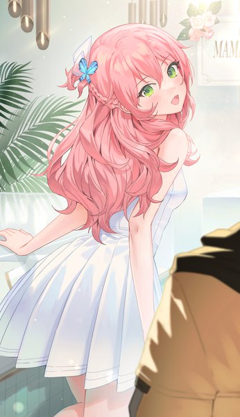 Anime picture 3000x5200 with original mamima single long hair tall image looking at viewer blush fringe highres open mouth smile hair between eyes standing green eyes pink hair indoors braid (braids) :d looking back from behind