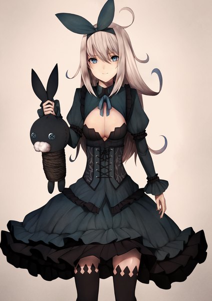 Anime picture 1000x1414 with original snm (sunimi) single long hair tall image looking at viewer fringe breasts blue eyes simple background hair between eyes holding animal ears light smile grey hair puffy sleeves fake animal ears cleavage cutout bondage brown background