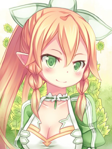Anime picture 600x800 with sword art online a-1 pictures leafa ureshiijelek single long hair tall image looking at viewer blush fringe breasts blonde hair smile green eyes cleavage ponytail braid (braids) twin braids elf girl