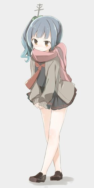 Anime picture 512x1024 with kantai collection kasumi destroyer murakami meishi single long hair tall image fringe simple background brown eyes looking away grey hair grey background shadow crossed legs side ponytail girl uniform hair ornament serafuku scarf
