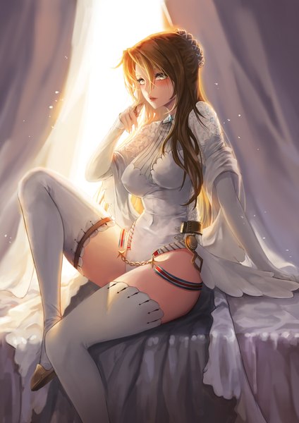 Anime picture 2893x4092 with girls frontline lee-enfield (girls frontline) kibellin single long hair tall image looking at viewer blush fringe highres breasts open mouth light erotic hair between eyes brown hair large breasts sitting green eyes nail polish fingernails