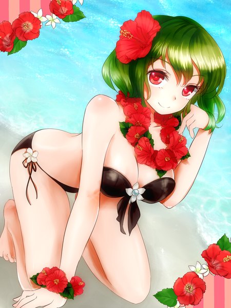 Anime picture 900x1200 with touhou kazami yuuka shironeko yuuki single tall image looking at viewer blush short hair breasts light erotic smile red eyes hair flower green hair from above summer girl hair ornament flower (flowers) swimsuit