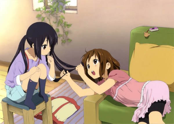 Anime picture 1500x1071 with k-on! kyoto animation hirasawa yui nakano azusa long hair short hair open mouth black hair brown hair sitting multiple girls brown eyes lying girl 2 girls socks chair couch