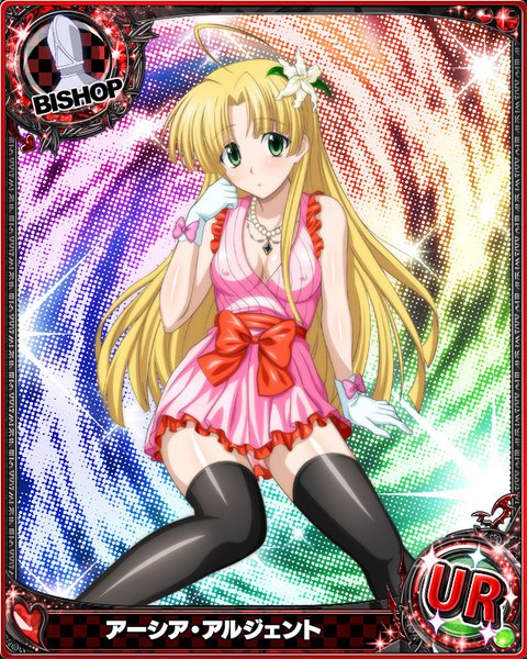 Anime picture 640x800 with highschool dxd asia argento single long hair tall image looking at viewer blush light erotic blonde hair green eyes hair flower card (medium) girl thighhighs dress gloves flower (flowers) bow black thighhighs white gloves