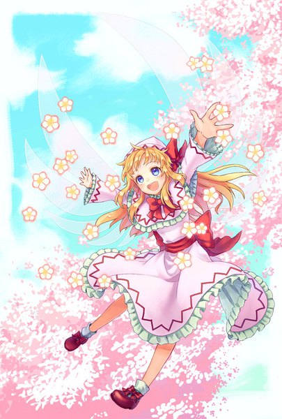 Anime picture 1181x1748 with touhou lily white akidzuki haruhi single long hair tall image open mouth blue eyes blonde hair looking away sky cloud (clouds) full body happy spread arms multiple wings girl flower (flowers) hat wings