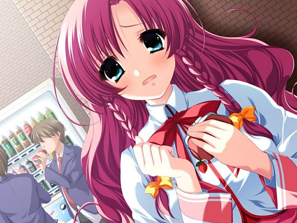 Anime picture 1024x768 with love delation! kohinata hinano long hair blue eyes pink hair game cg girl serafuku