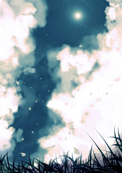 Anime picture 1200x1697 with original masakohime (artist) tall image sky cloud (clouds) wind nature plant (plants) animal petals bird (birds) grass sun seagull