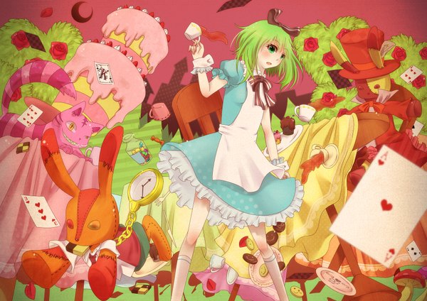 Anime picture 3508x2480 with vocaloid gumi wk (artist) blush highres short hair open mouth green eyes absurdres green hair girl dress bow hair bow socks sweets bowtie rose (roses) cat toy