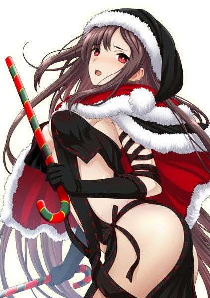Anime picture 847x1200 with fate (series) fate/grand order yu mei-ren (fate) isse single long hair tall image looking at viewer blush fringe breasts open mouth light erotic simple background red eyes brown hair white background holding payot fang (fangs)