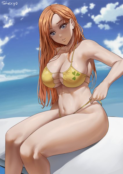 Anime picture 2474x3500 with bleach studio pierrot inoue orihime shexyo single long hair tall image looking at viewer blush fringe highres breasts blue eyes light erotic large breasts sitting signed sky cleavage cloud (clouds)