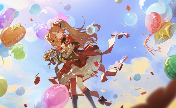 Anime picture 5361x3283 with arknights pinecone (arknights) pinecone (sing a song) (arknights) ash-c single long hair highres blonde hair wide image twintails absurdres sky cloud (clouds) ahoge from below official alternate costume different thighhighs girl thighhighs flower (flowers)