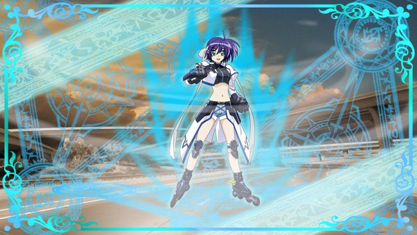 Anime picture 1280x720 with mahou shoujo lyrical nanoha mahou shoujo lyrical nanoha strikers subaru nakajima nanohamagica single looking at viewer fringe short hair open mouth smile hair between eyes wide image standing holding green eyes blue hair ahoge :d bare belly midriff