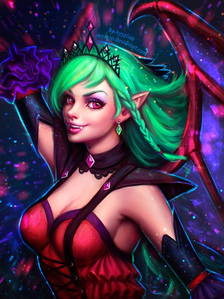 Anime picture 1536x2048 with original evelyn (drewdiddy1996) ayyasap single long hair tall image looking at viewer breasts smile red eyes green hair lips pointy ears realistic teeth fang (fangs) borrowed character girl dress earrings