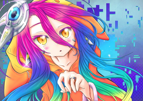Anime picture 7016x4961 with no game no life madhouse shuvi (no game no life) rainbow d fox single long hair looking at viewer blush fringe highres open mouth hair between eyes yellow eyes pink hair absurdres upper body multicolored hair sparkle gradient hair girl