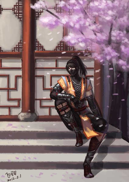 Anime picture 1414x2000 with piaoluo de fei yu single long hair tall image black hair sitting signed ponytail black eyes boy plant (plants) petals tree (trees) armor mask stairs