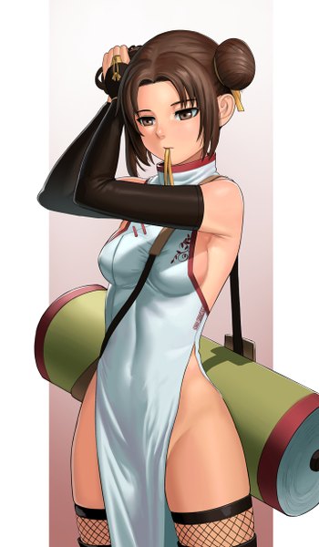 Anime picture 718x1228 with naruto studio pierrot naruto (series) tenten lasterk single tall image short hair breasts light erotic brown hair standing holding brown eyes looking away traditional clothes hair bun (hair buns) mouth hold chinese clothes side slit