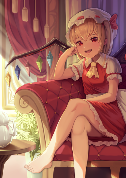 Anime picture 3000x4236 with touhou flandre scarlet goback single tall image looking at viewer blush fringe highres short hair open mouth light erotic blonde hair smile hair between eyes red eyes sitting indoors :d barefoot