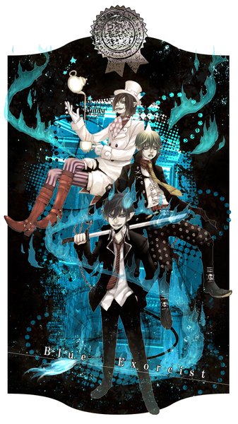 Anime picture 1100x1959 with ao no exorcist a-1 pictures okumura rin mephisto pheles amaimon azuma yuuki tall image short hair black hair green hair pointy ears hand on hip group striped demon tail framed boy uniform weapon school uniform