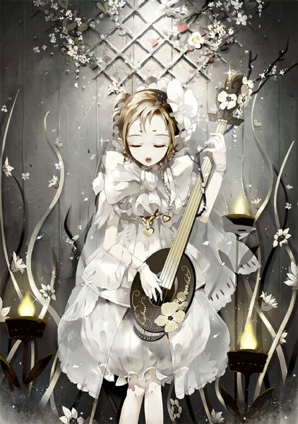Anime picture 600x853 with original inpells single tall image short hair open mouth blonde hair eyes closed pale skin singing girl dress gloves flower (flowers) white gloves headdress heart white dress jewelry fire
